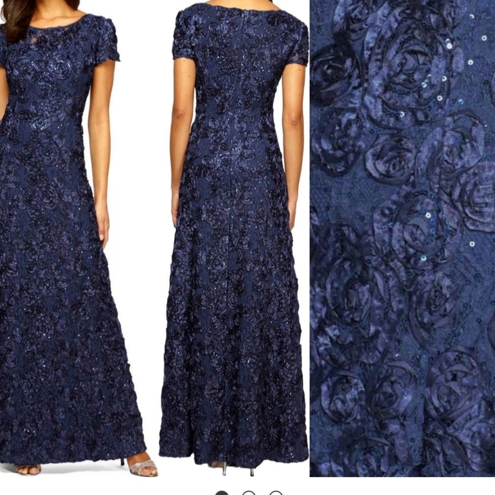 Alex Evenings Navy Blue Rosette Sequin Short Sleeve Evening Gown